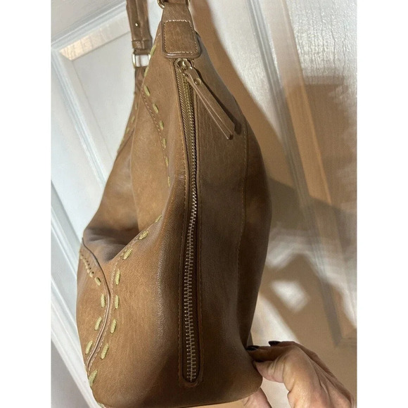 Sasha+Sofi Distressed Hobo Purse Vegan Leather in Tobacco With Stitching Detail - Picture 5 of 12